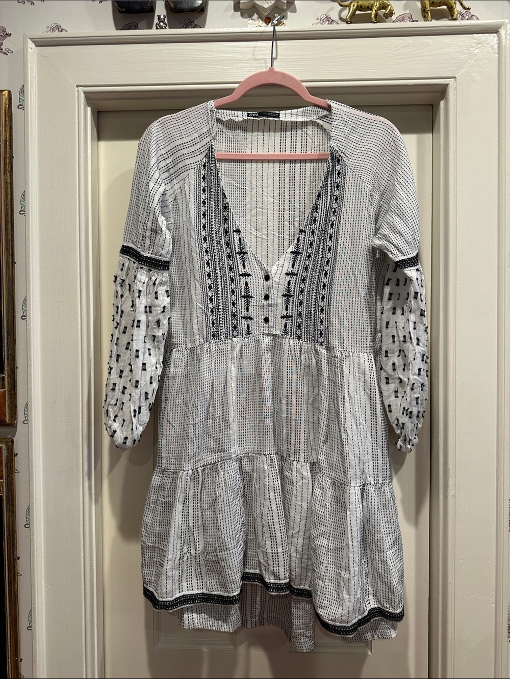 Zara  Embroidered V-Neck White Tunic Dress